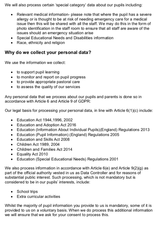 Privacy Notice & General Data Protection Regulation (GDPR) Mowbray School